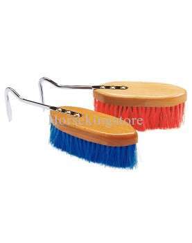 Body brush with wooden handle and hoof pick