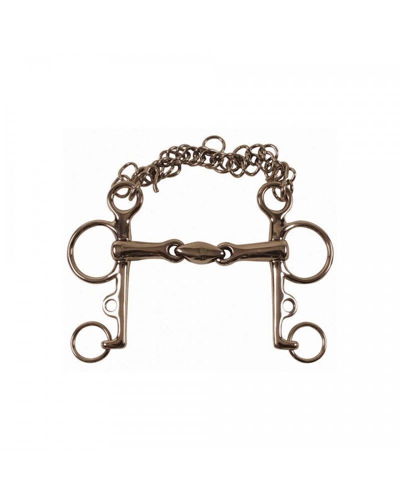 Pelham à double brisure en acier inoxidable, canon 16 mm, branches 70 mm.