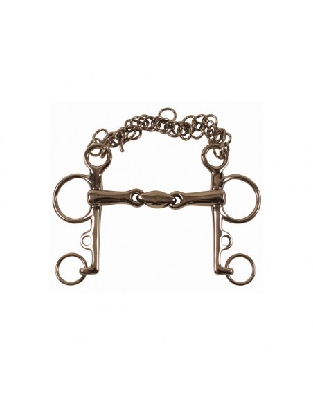 Pelham à double brisure en acier inoxidable, canon 16 mm, branches 70 mm.