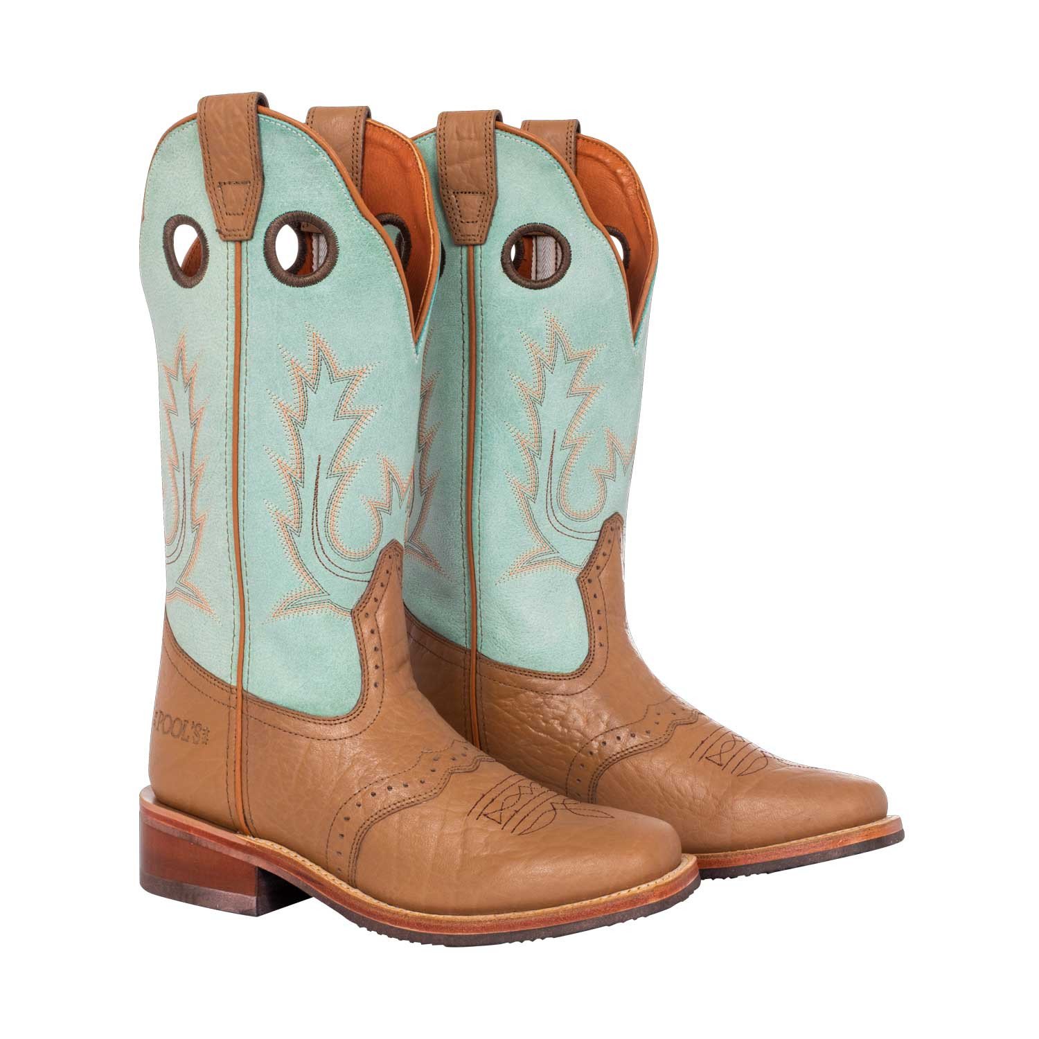 bottes d'équitation turquoise et camel en cuir, décor originales flammes sur le dessus, boots Cowboy Western, avec bout pointu et talon en bois