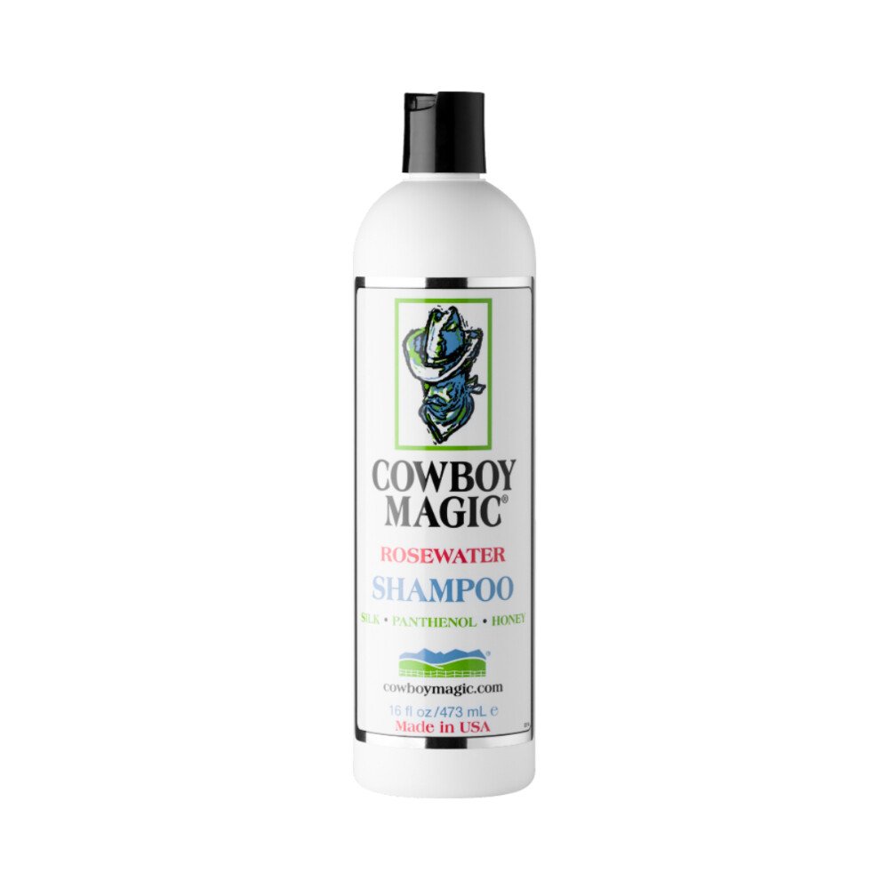 Shampooing Cowboy Magic Rosewater, étiquetée avec logo cheval et texte rose, bleu et vert.