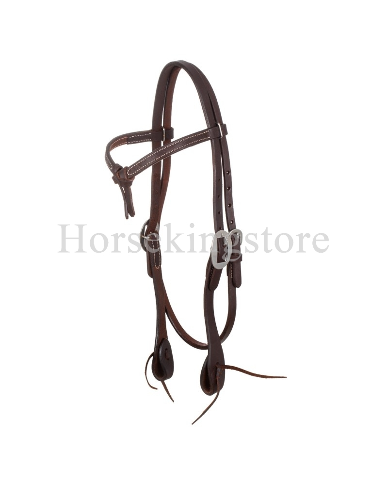 Bridon western Lakota en cuir marron avec frein et bride, bridelette réglable, pièces métalliques argentées et extrémités bouclées, vue isolée