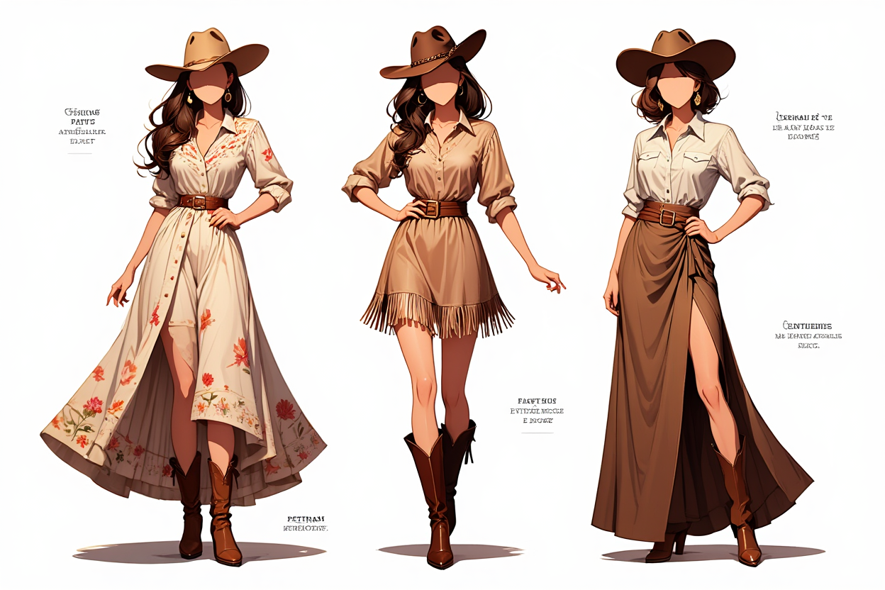 Trois silhouettes de femme en tenue western chic: robes adaptées, chapeau cowboy, bottes, poses confiantes sur fond clair.