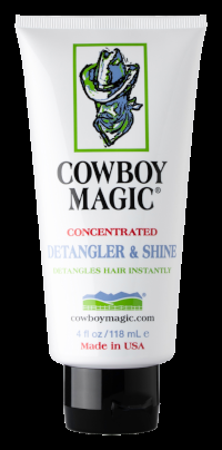 Cowboy Magic concentrée Detangler & Shine pour chevaux, flacon blanc avec logo géant et image de cheval, 118 ml.