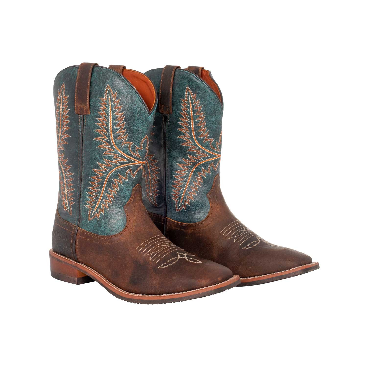 Bottes d cowboy marron et turquoise avec motif de plumes brodées, talons rustiques et semelle en cuir.