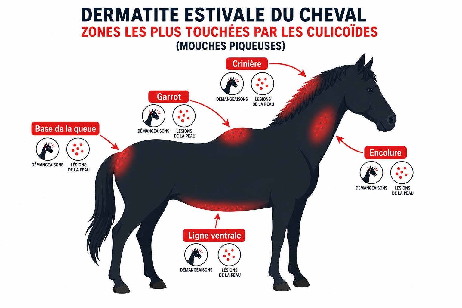 Dermatite estivale du cheval expliquée: zones les plus touchées par les culicoïdes cheval, avec symptômes et lésions de la peau sur le corps et les flancs.