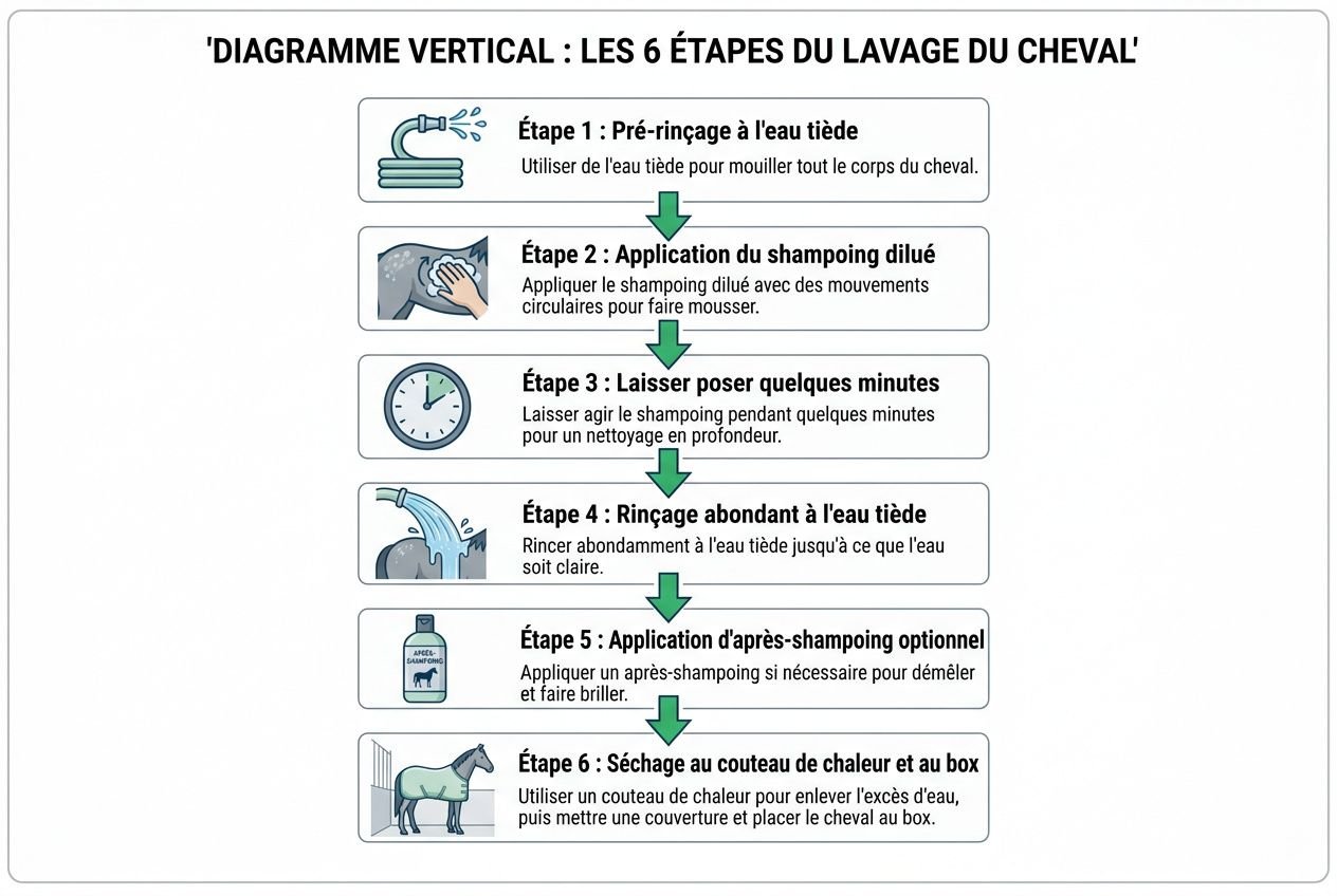 Diagramme vertical montrant les 6 étapes du lavage du cheval: pré-rinçage, shampoing dilué, temps de pose, rinçage abondant, après-shampooing optionnel, séchage au couteau de chaleur et au box. Inclut la mention du bien-être du cheval et le soin du poil et des tâches. Mot-clé intégré: comment nettoyer un cheval.
