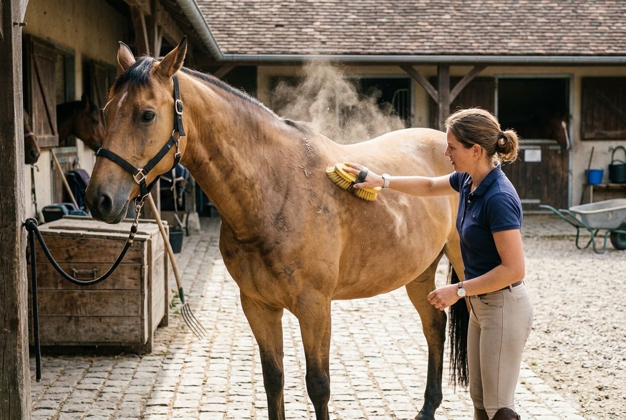 Femme brossant un cheval au pré, vaporisation de coton et poussière s’élevant; démonstration de comment nettoyer un cheval.
