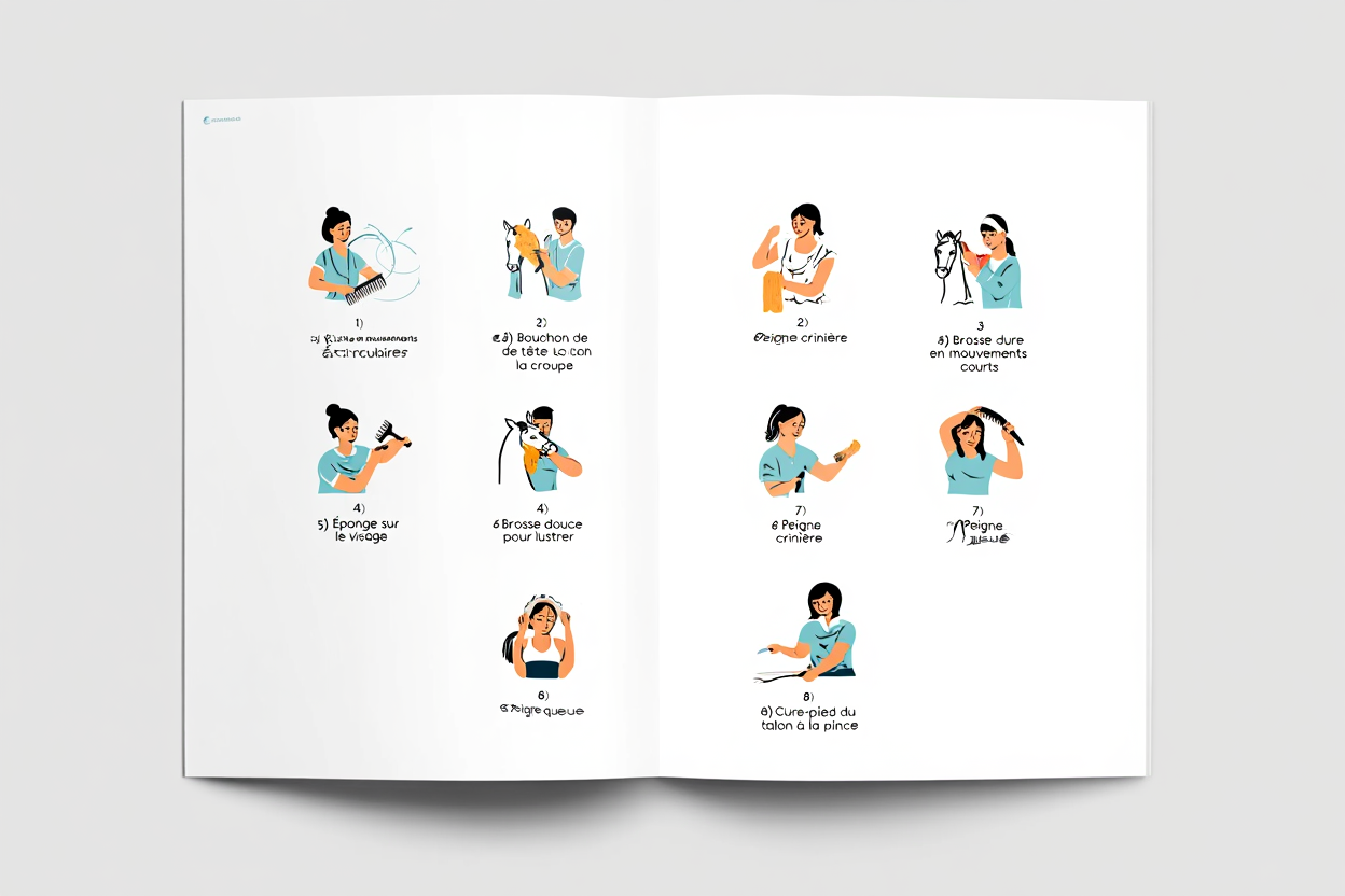 Guide illustré du pansage montrant les gestes pour comment panser son cheval : brossage, étrille, bouchon, cure-pied et gestes de soin du cheval.