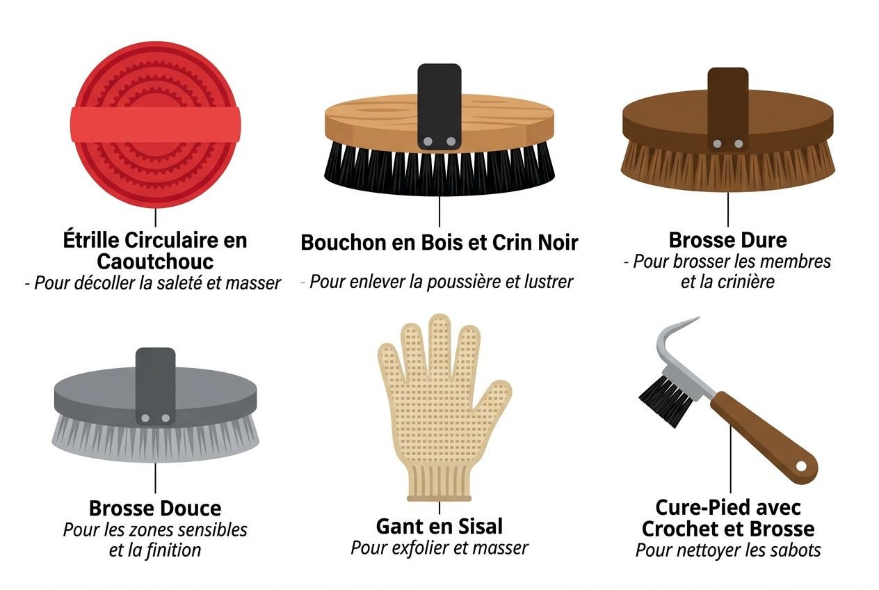 Guide visuel des outils de pansage: échelle et brosses pour le soin du cheval; mentionne comment panser son cheval.