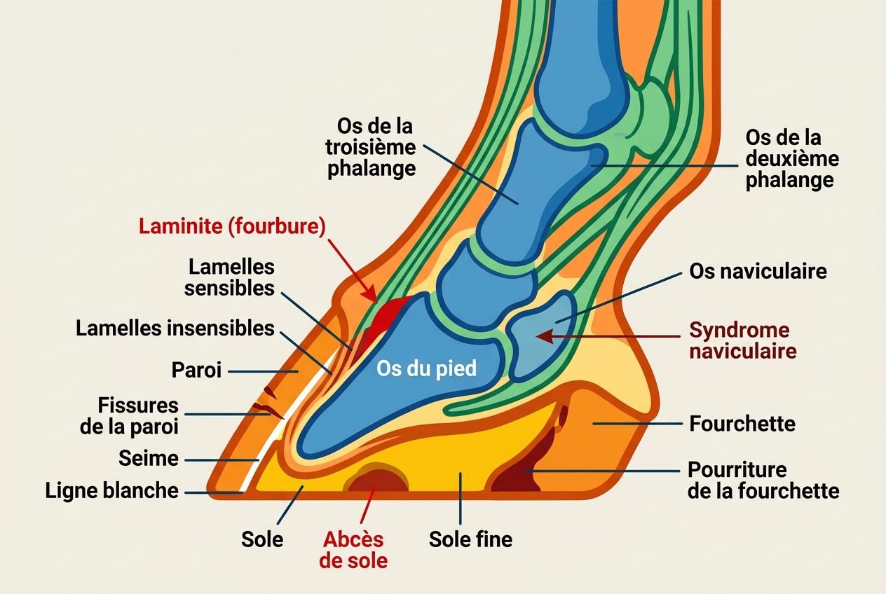 Illustration anatomique du sabot de cheval montrant les différentes structures et pathologies possibles liées à un sabot non entretenu, avec abscès et fissures visibles.