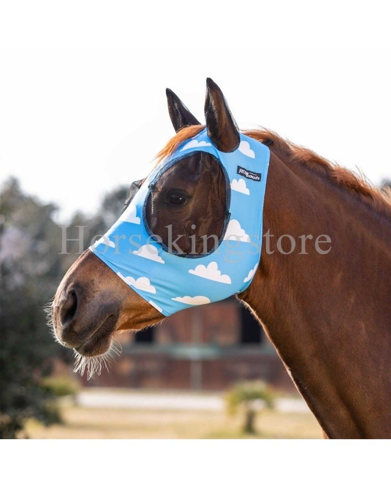 Masque facial bleu à motifs nuages sur un cheval, couvrant les yeux et le nez pour éviter les insectes. types de masques faciaux pour chevaux.
