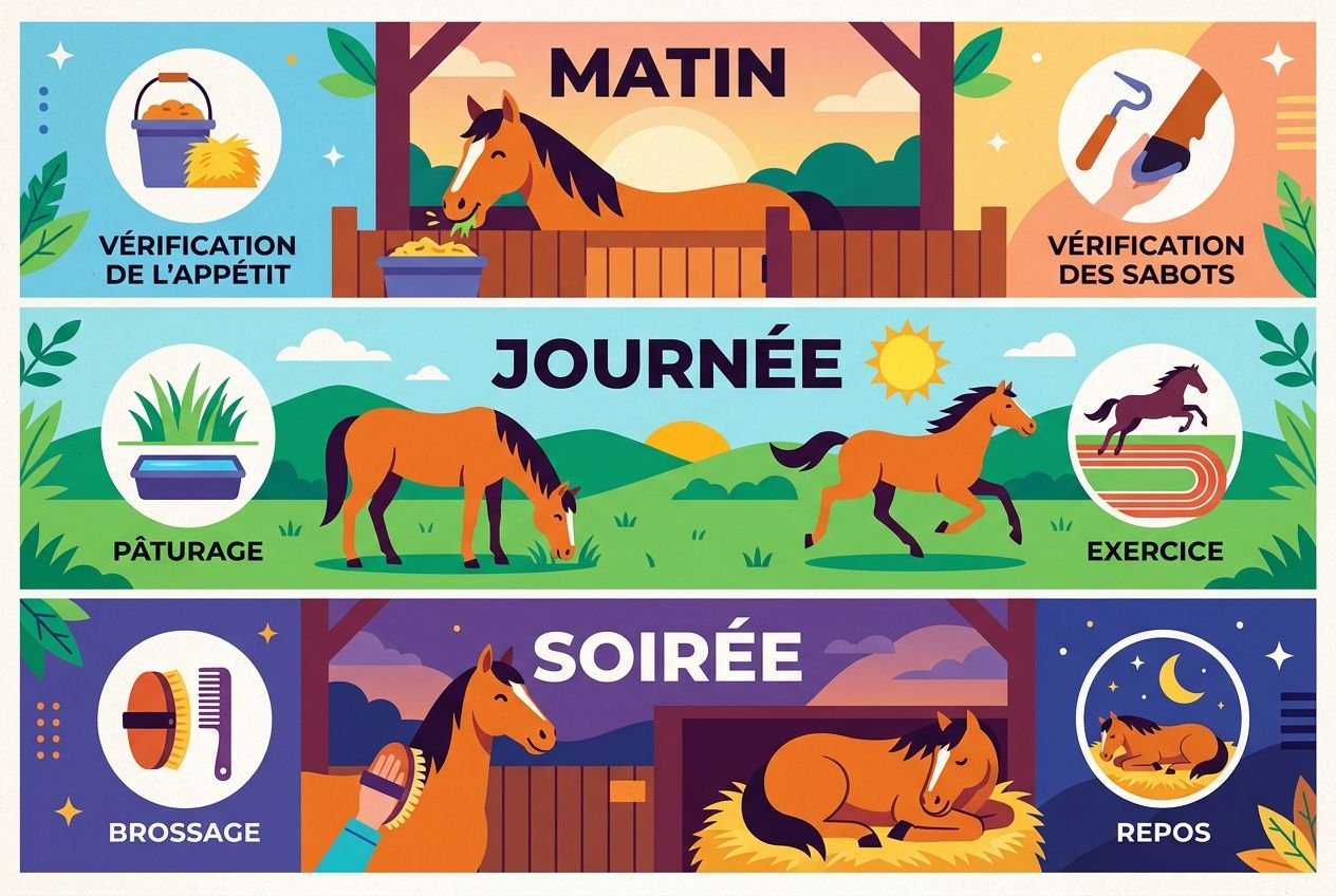 Routine quotidienne d'un cheval: matin, paturage et exercise en pleine nature avec brossage et alimentation, puis soirée repos et brossage.