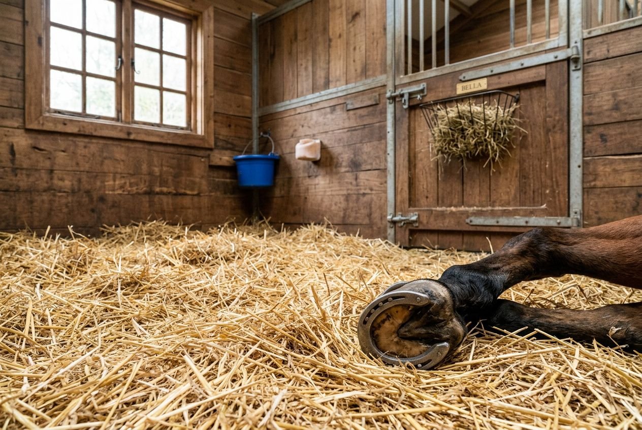 Sabot de cheval posé sur de la paille dans l'écurie, avec une patte au premier plan et une porte d’écurie en arrière-plan. Intègre subtilement les soins des sabots du cheval.