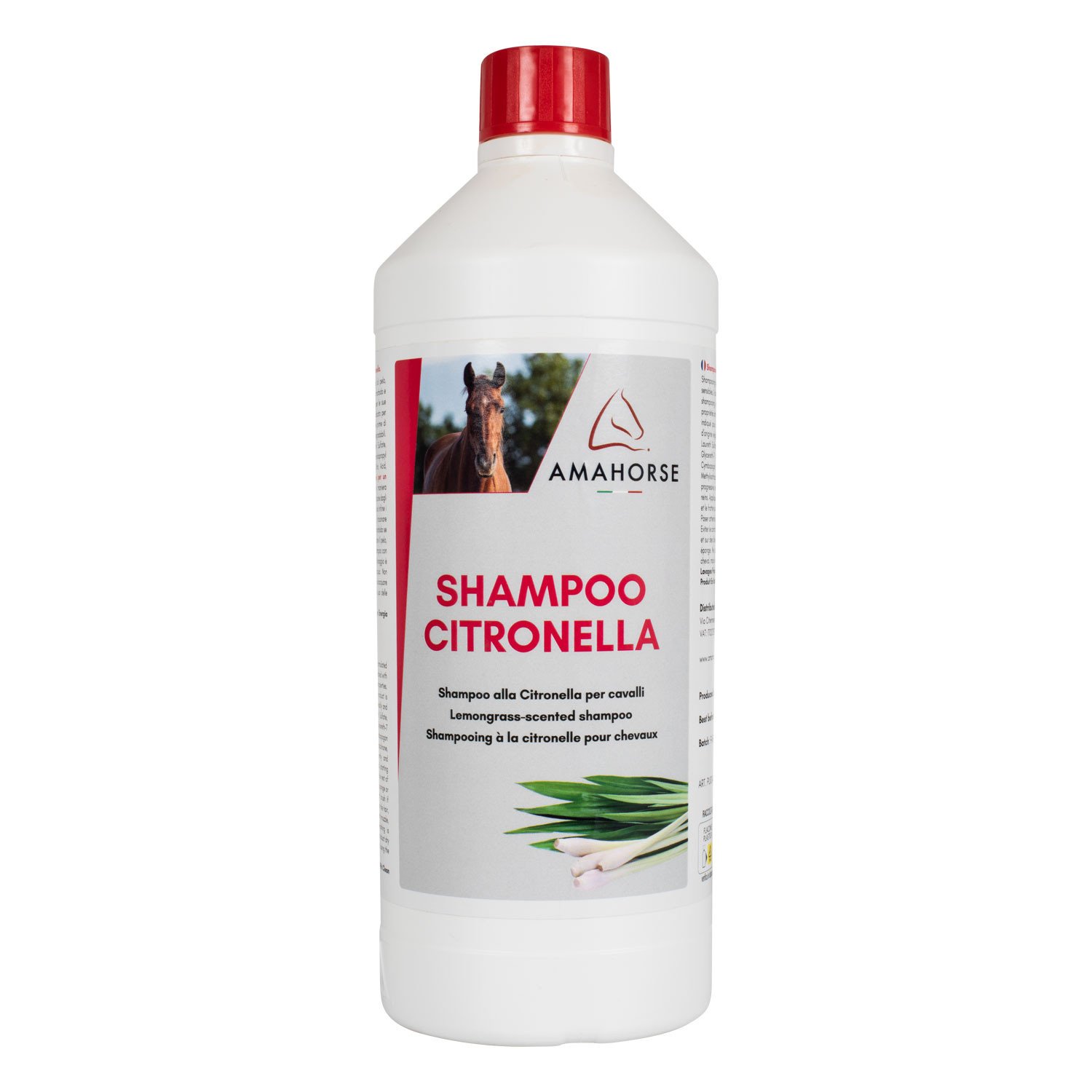 Shampoo Citronella AmaHorse pour chevaux, bouteille blanche avec étiquette rouge et image cheval, reliefs de citronnelle sur fond gris.