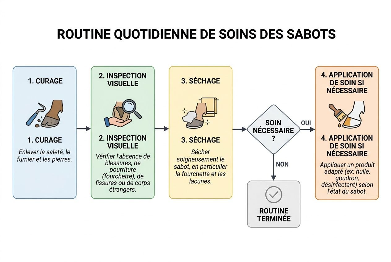Sourt image: schéma “Routine quotidienne de soins des sabots” illustrant curage, inspection visuelle, séchage, puis décision sur soin nécessaire et application si besoin. Principal: sabot cheval non entretenu.