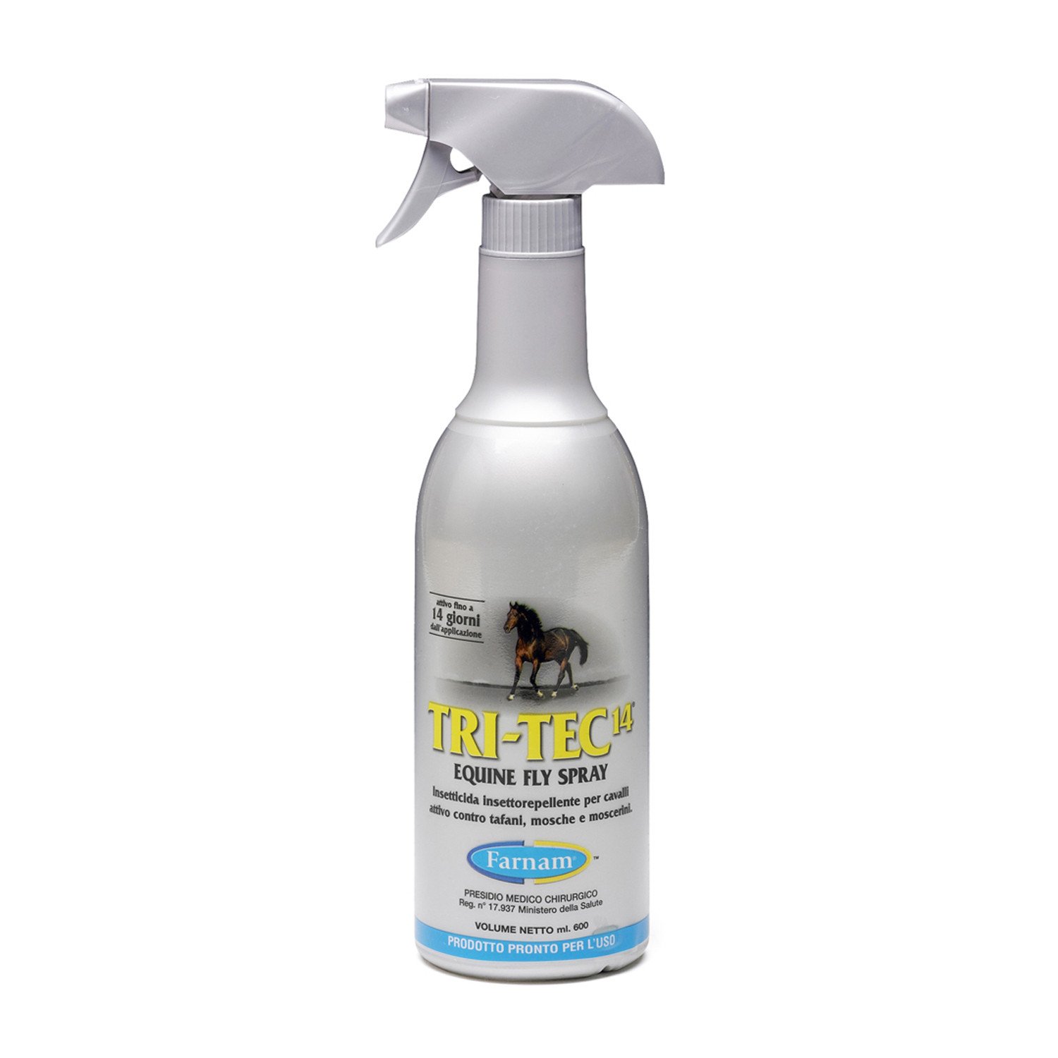 Spray érinant Tri-Tec4 pour équins, flacon spray blanc avec étiquette montrant cheval et logo Farnam, prêt à l’emploi.