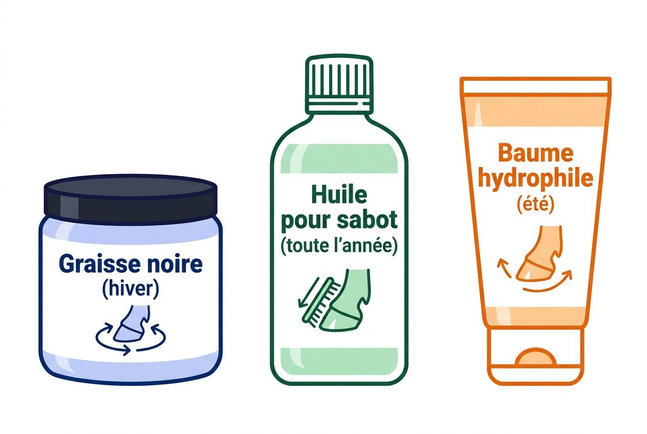 Trois produits pour les soins des sabots du cheval: graisse noire, huile pour sabot et baume hydrophile été, illustrant graissage et hydratation.
